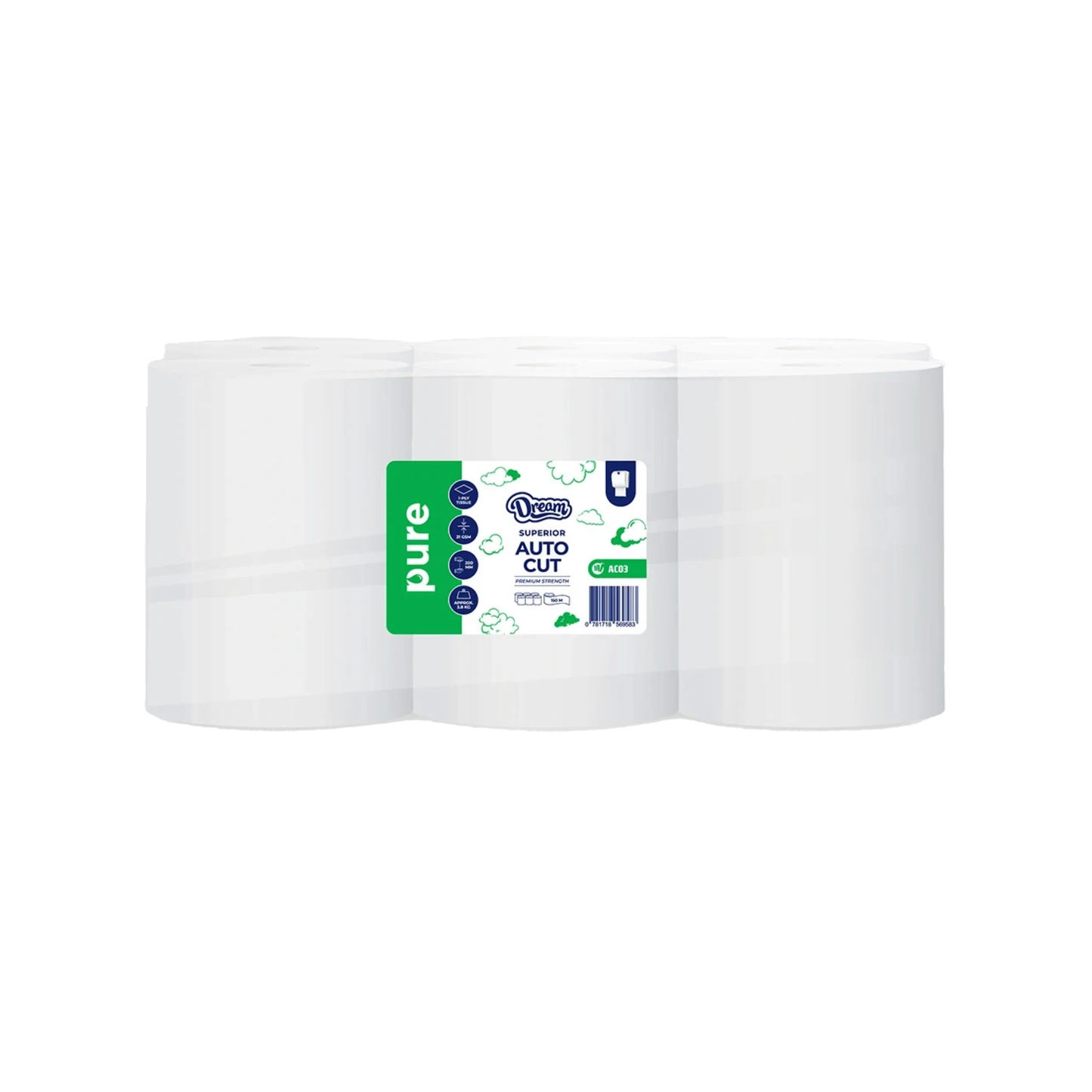 Dream 1 Ply PURE Auto Cut Paper Towels (Pack of 6) (40mm CORE - 200mm x 150m)