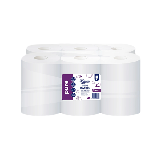 Dream PURE 1 Ply MINI Barrel / Centrefeed Towels (210mm x 140m) (Pack of 6)